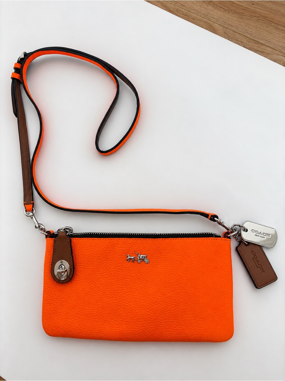 Coach Bright Orange Leather Crossbody Wristlet with Brown Accents